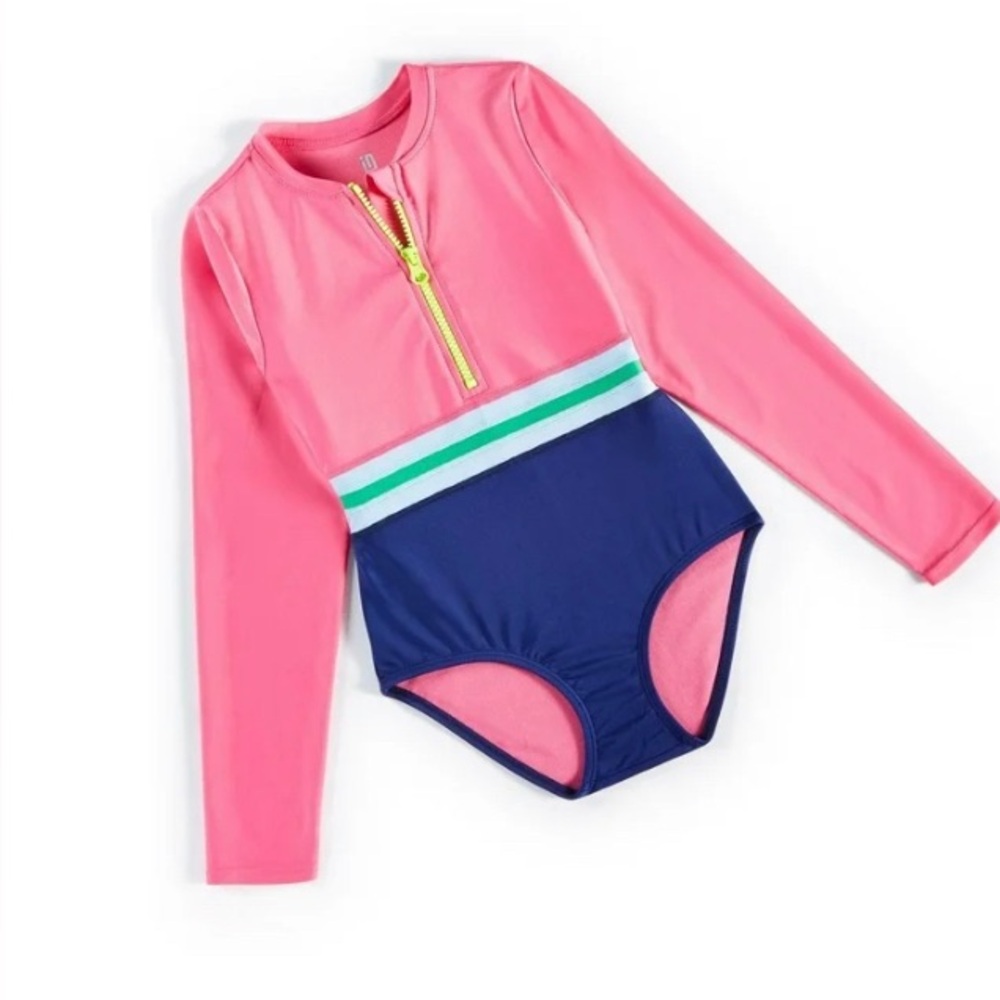 Ideology Pink and Navy 2T long sleeve rash guard swimsuit w/ neon zipper EUC